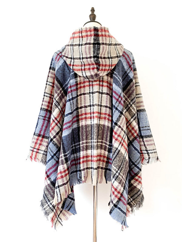 flowersverse Fringed Hooded Keep Warm Plaid Shawl&Cloak Cape