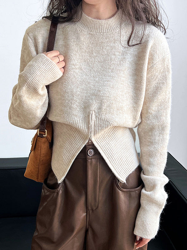 flowersverse Solid Color Zipper Long Sleeves Loose Mock Neck Sweater Tops Pullovers