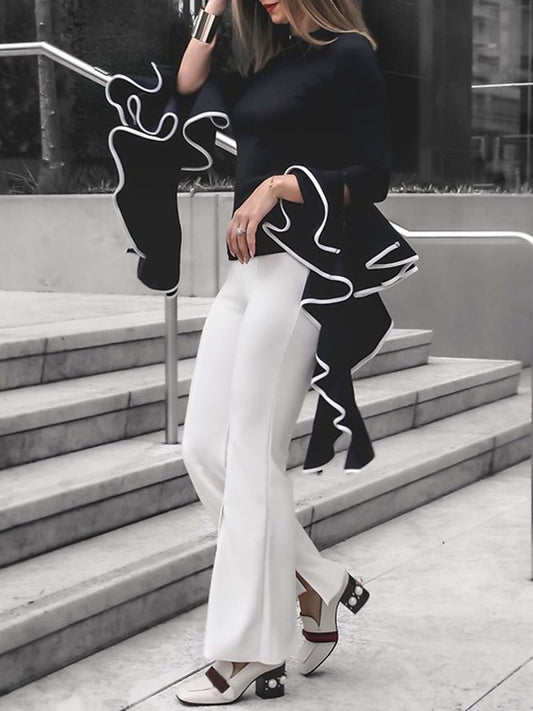 flowersverse Flared Sleeves Long Sleeves Asymmetric Round-neck Blouses&shirts Tops