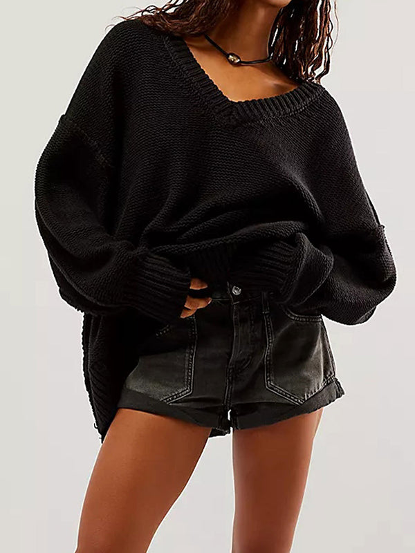 flowersverse Solid Color Velvet Long Sleeves Loose V-Neck Sweater Tops Pullovers