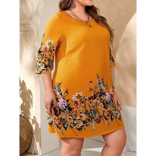 flowersverse Women's Plus Size Casual Dress Shift Dress Floral Mini Dress 3/4 Length Sleeve Print Crew Neck Fashion Outdoor Yellow Spring Summer L XL XXL 3XL 4XL