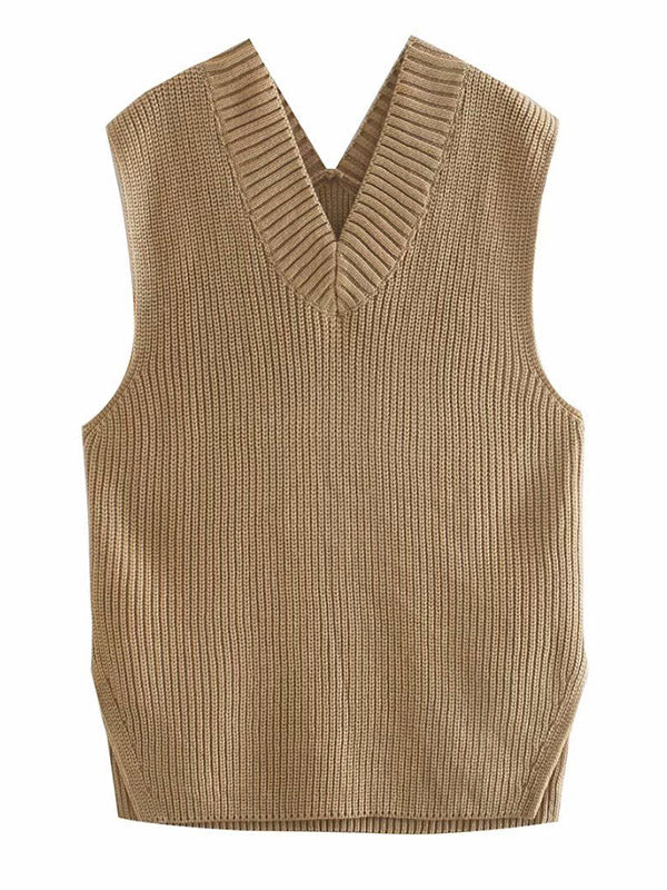 flowersverse 4 Colors V-Neck Simple Split-Side Sleeveless Knitted Vest