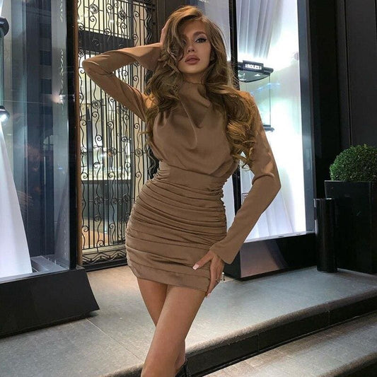 flowersverse Women Autumn Bodycon Long Sleeve Dress Fashion Elegant Ladies Evening Party Casual Slim Fit Mini Pleated Dress