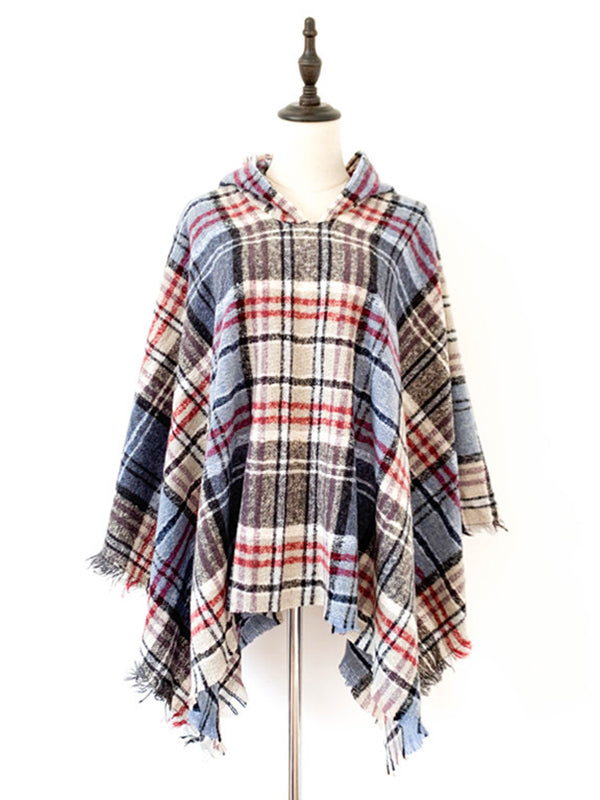 flowersverse Fringed Hooded Keep Warm Plaid Shawl&Cloak Cape
