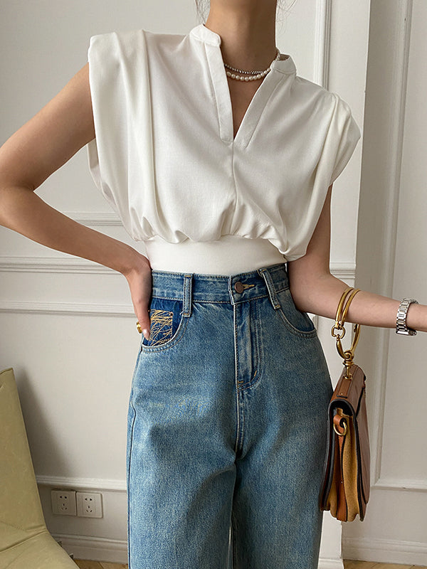 flowersverse Loose Sleeveless Split-Joint Solid Color V-Neck Vest Top