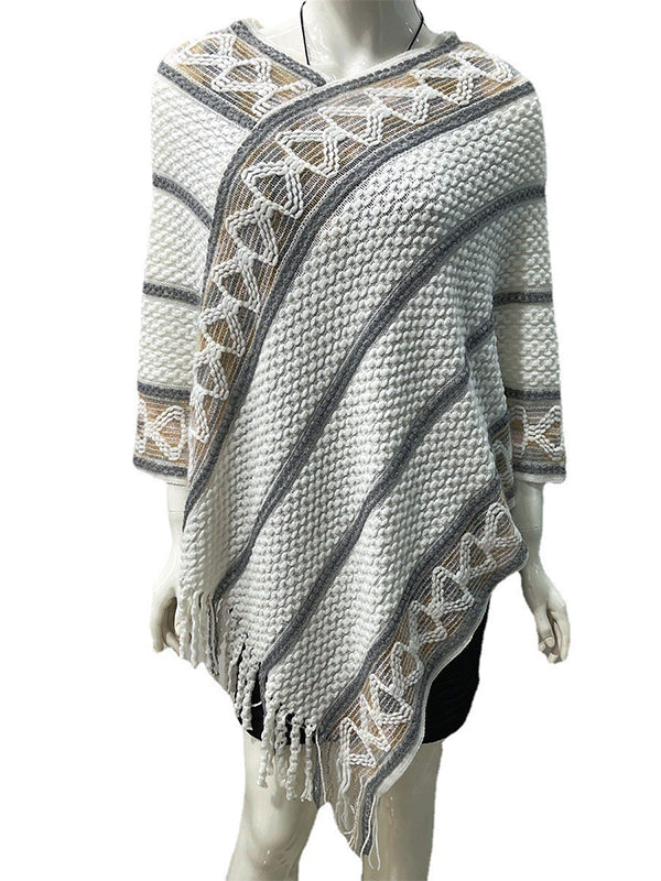 flowersverse Asymmetric Tasseled Loose V-Neck Shawl&Cloak Cape
