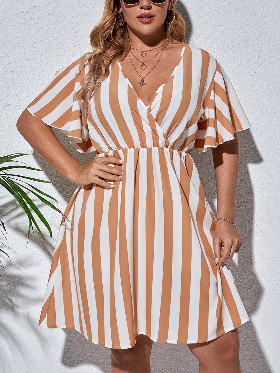 flowersverse Holiday Short Sleeve V Neck A-line Weaving Dress