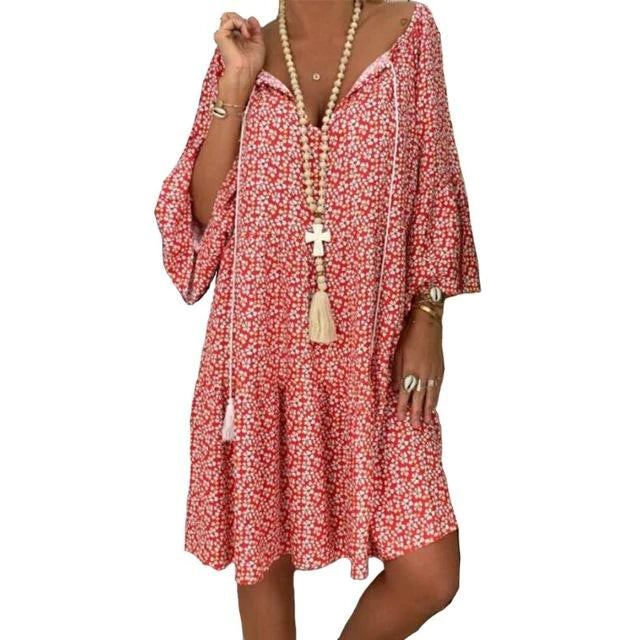 flowersverse Summer Women Boho Floral Long Sleeve Dress Holiday Beach Shirt Dress Ladies Print Mini Dress Plus Size