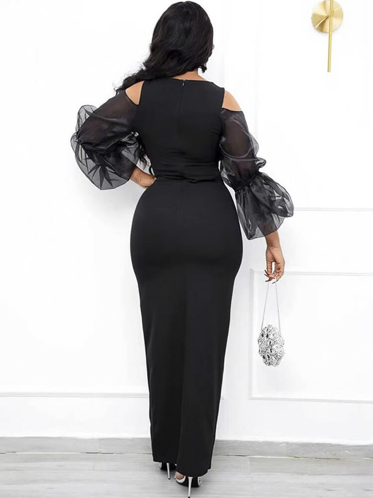 flowersverse Mesh Patchwork Lantern Sleeve Split Bodycon Maxi Dresses