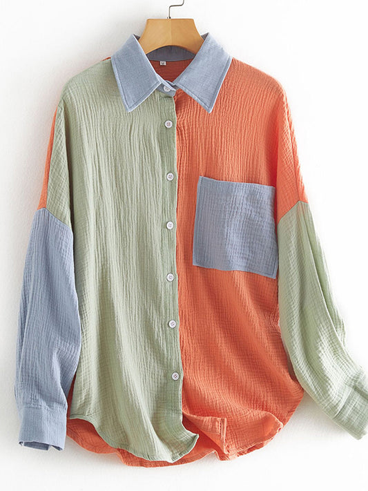 flowersverse Casual Long Sleeves Contrast Color Split-Joint Lapel Blouses