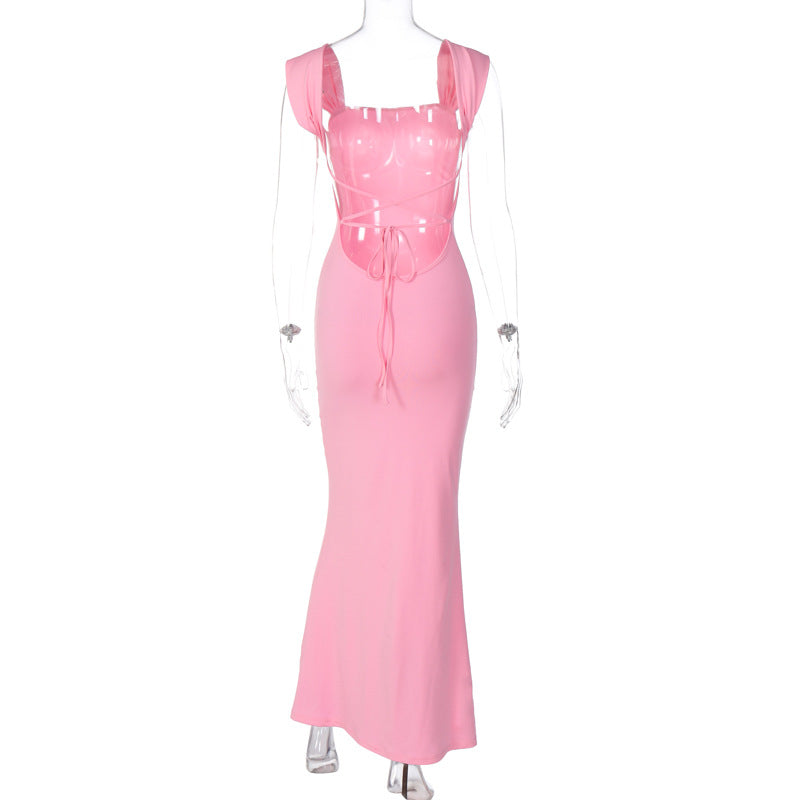 flowersverse Women's Lace-Up Fashion Chic Slim Fit Bodycon Low Back Straps Maxi Dress