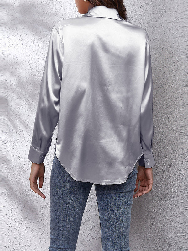 flowersverse Solid Color Long Sleeves Loose Lapel Blouses&Shirts Tops