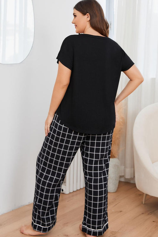 flowersverse Plus Size V-Neck Top and Plaid Pants Lounge Set
