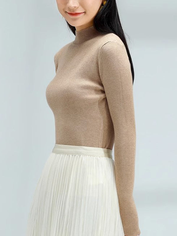 flowersverse Solid Color Long Sleeves Skinny Mock Neck Sweater Tops Pullovers Knitwear
