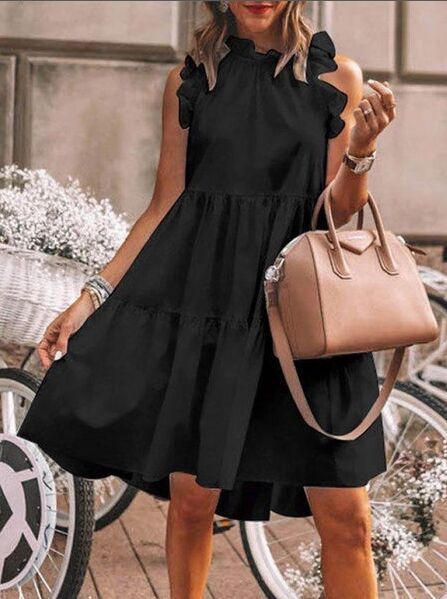 flowersverse Casual Loose Sleeveless Solid Color Large Round Neck Long Dress