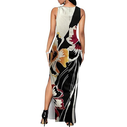 flowersverse Women's Work Dress Sheath Dress Semi Formal Dress Fashion Maxi Dress Split Print Crew Neck Sleeveless Floral Stripe Loose Fit Black White Blue Spring Summer M L XL XXL 3XL