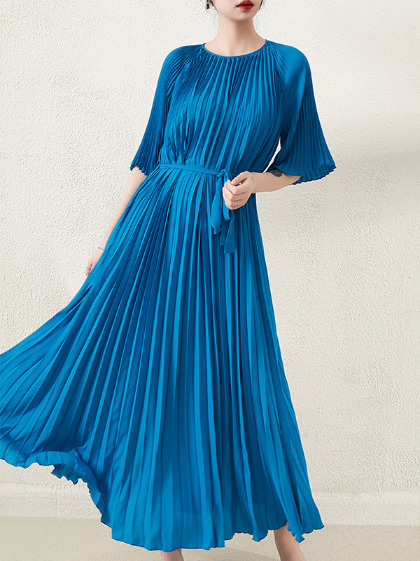 flowersverse Loose Pleated With Waistband Solid Color Round-Neck Maxi Dresses