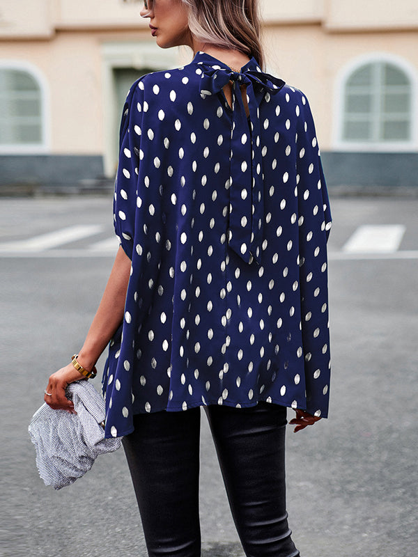 flowersverse Bandage Polka Dot Loose Round-Neck Blouses&Shirts Tops