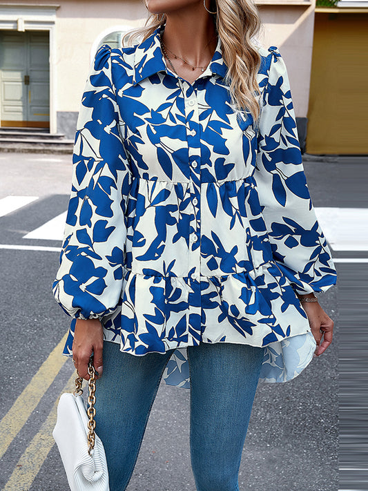flowersverse Contrast Color Leaves Print High-Low Loose Lapel Blouses&Shirts Tops