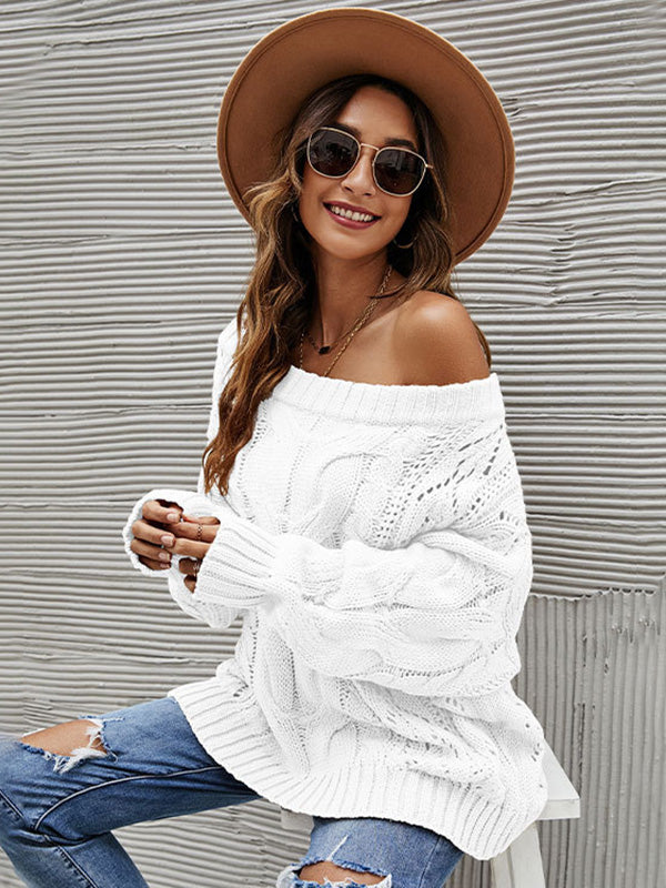flowersverse Vintage Long Sleeves Loose Solid Color Off-The-Shoulder Sweater Tops