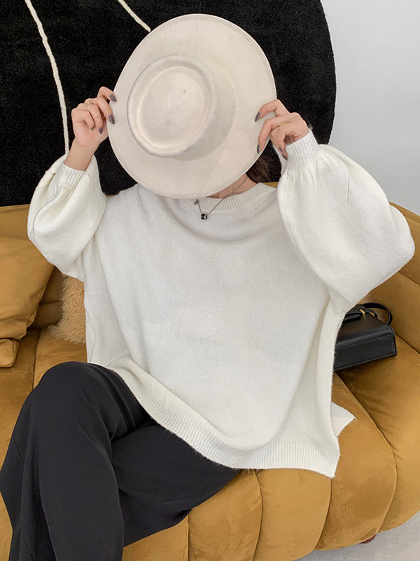 flowersverse Stretch Mohair-Blend Balloon Sleeves Loose Solid Round-Neck Sweater Tops