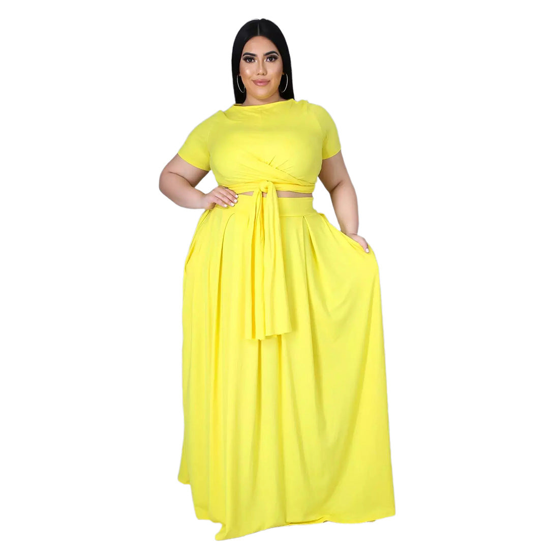 flowersverse Lady Fashion Plus Size Women Solid Color Cross Lace-up Large Swing Two-piece Skirt