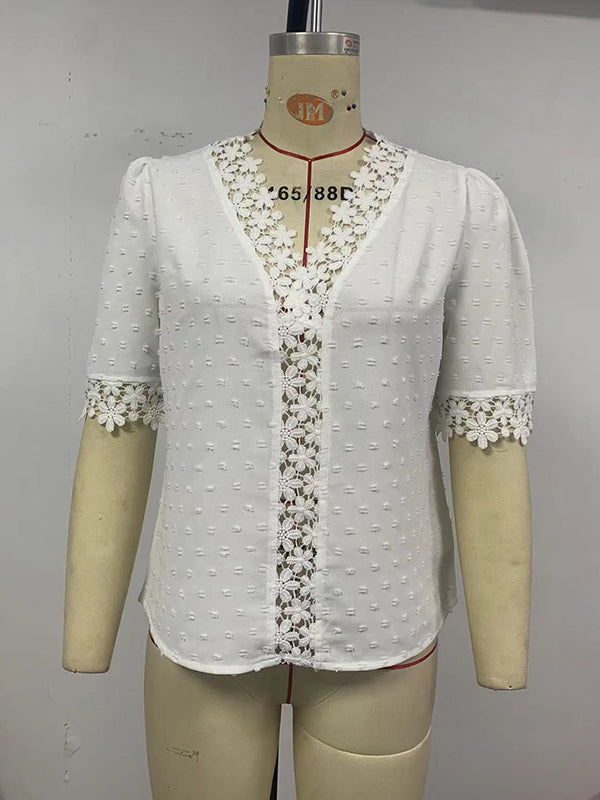 flowersverse Applique Solid Color Loose Short Sleeves V-neck Blouses&shirts Tops