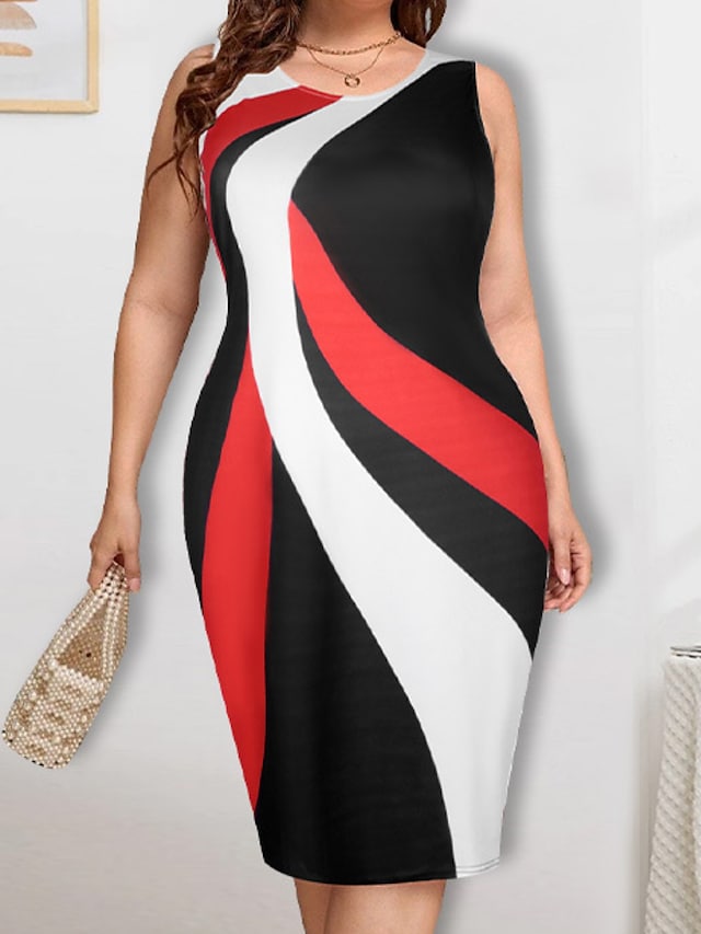 flowersverse Women's Plus Size Work Dress Bodycon Sheath Dress Color Block Midi Dress Sleeveless Crew Neck Fashion Outdoor Black Spring Summer XL XXL 3XL 4XL 5XL