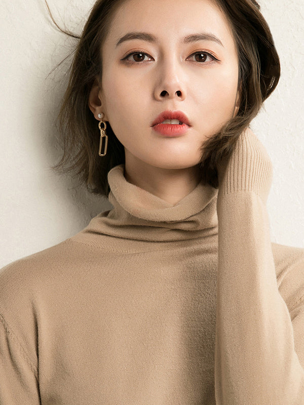 flowersverse Simple Loose Long Sleeves Solid Color High-Neck Sweater Tops