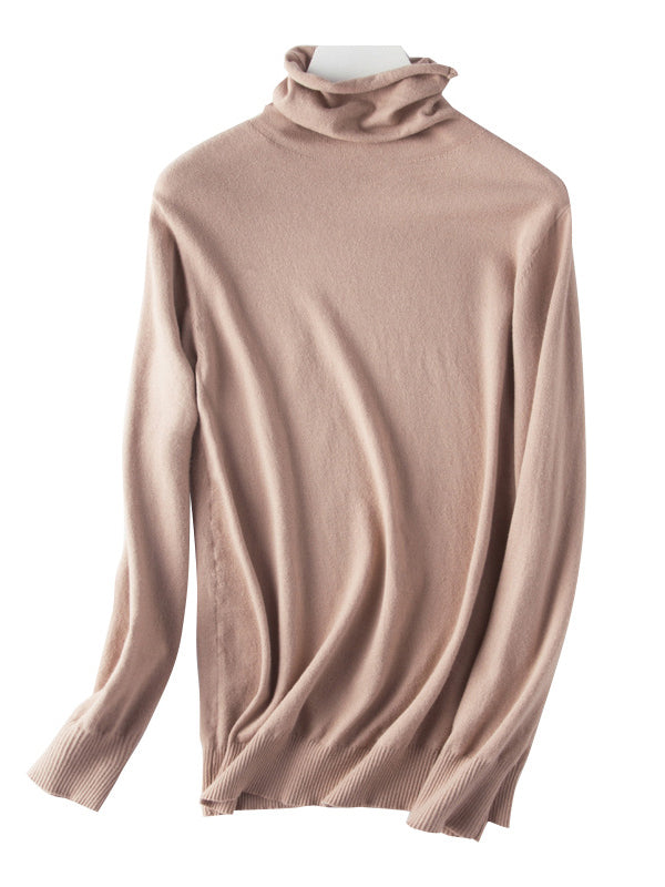 flowersverse Simple Loose Long Sleeves Solid Color High-Neck Sweater Tops