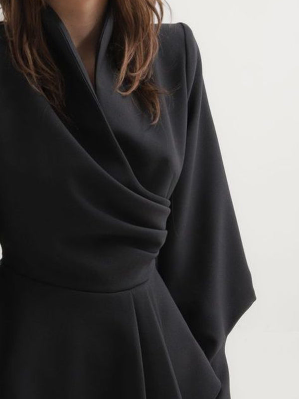 flowersverse Asymmetric Pleated Ruffled Solid Color Puff Sleeves V-Neck Blouses&Shirts Tops