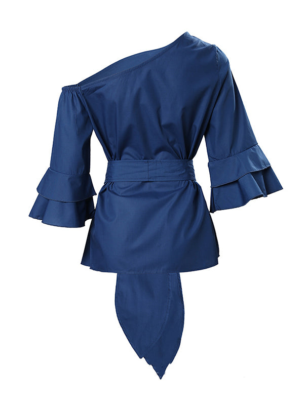 flowersverse Asymmetric Knot Solid Color Flared Sleeves One-shoulder Blouses&shirts Tops