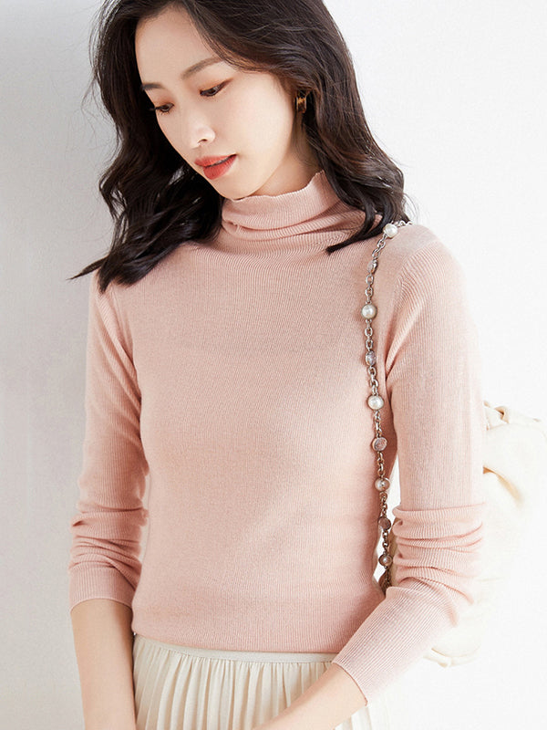 flowersverse Simple Skinny Long Sleeves Solid Color High-Neck Sweater Tops Pullovers