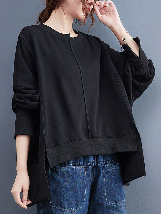 flowersverse Simple Long Sleeves Loose Solid Color Round-Neck Hoodies&Sweatshirt Tops
