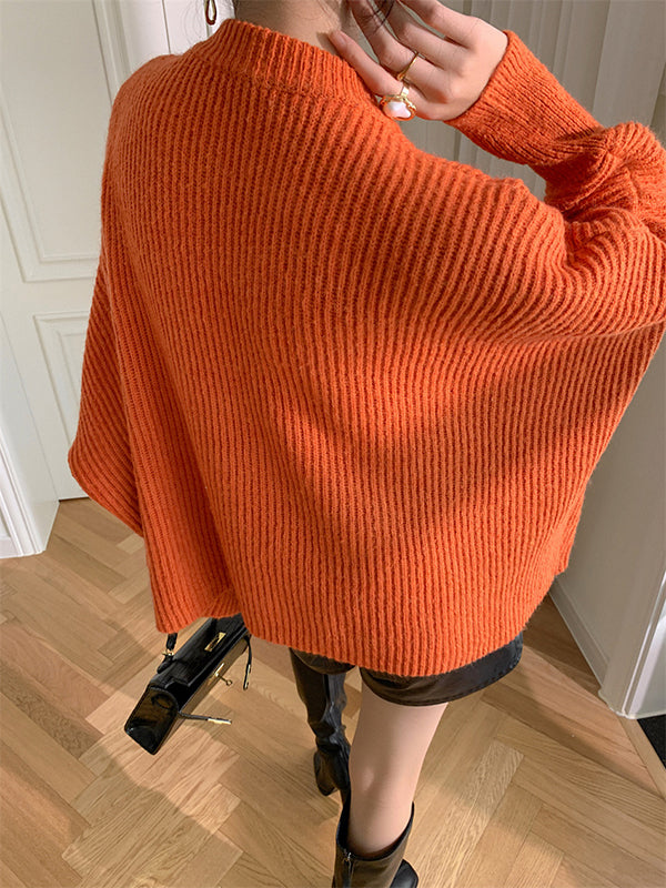 flowersverse Irregularity Loose Solid Color Batwing Sleeves Round-Neck Sweater Tops