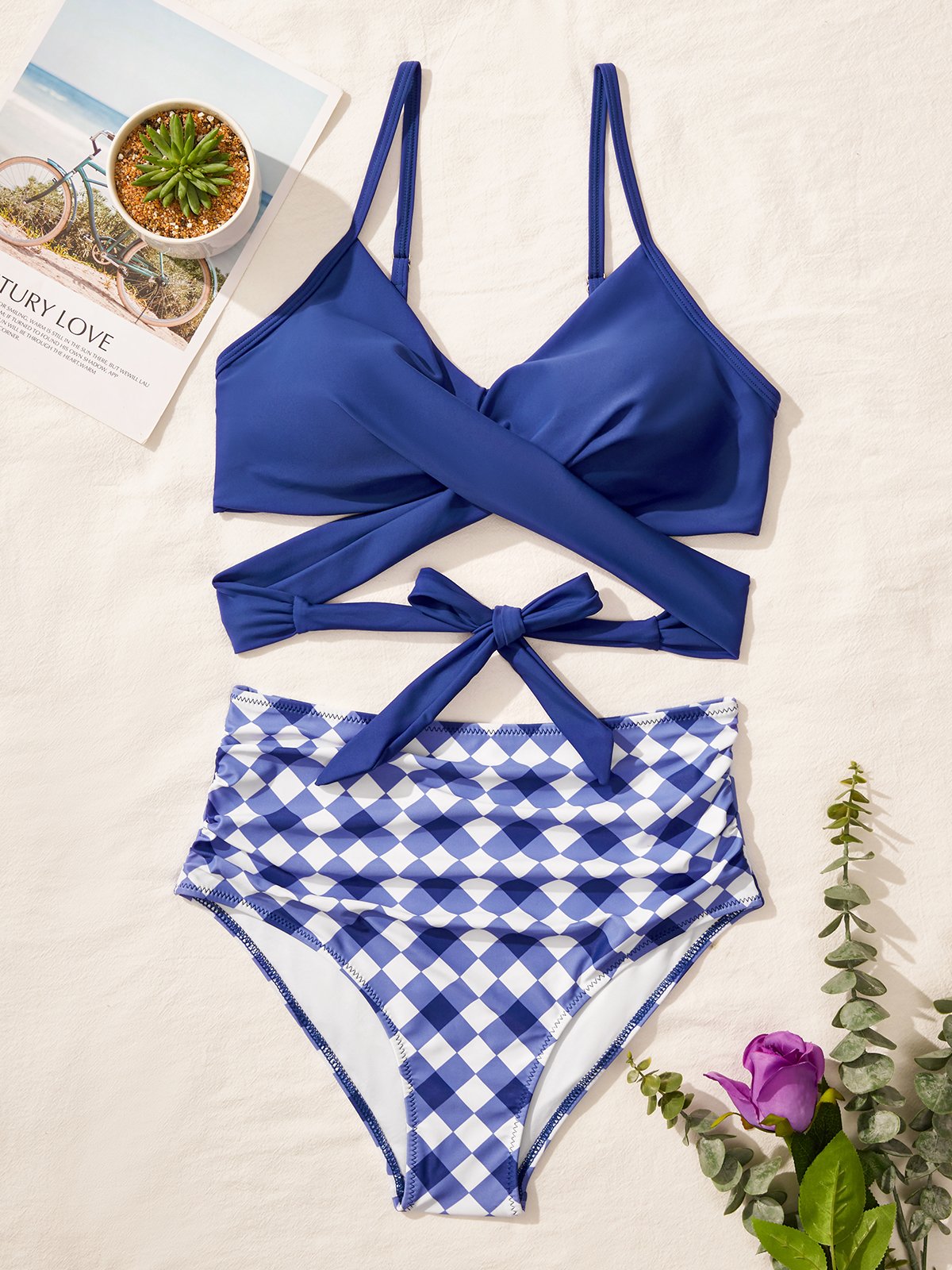 flowersverse Casual Plaid Printing Scoop Neck Bikinis Two-Piece Set