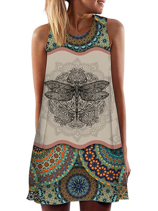 flowersverse Vintage Geometric Dragonfly Printed Color-block Plus Size Sleeveless Crew Neck Casual Knitting Dress
