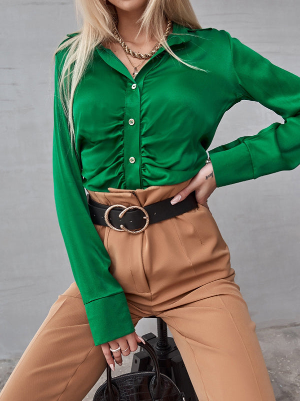 flowersverse Pleated Solid Color Long Sleeves Lapel Blouses&shirts Tops