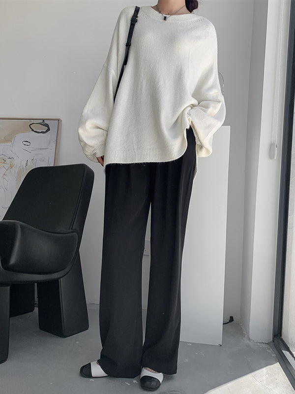 flowersverse Stretch Mohair-Blend Balloon Sleeves Loose Solid Round-Neck Sweater Tops