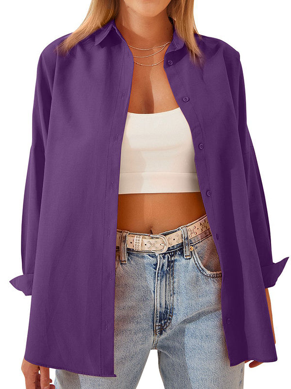 flowersverse Buttoned Solid Color Long Sleeves Loose Lapel Blouses&Shirts Tops