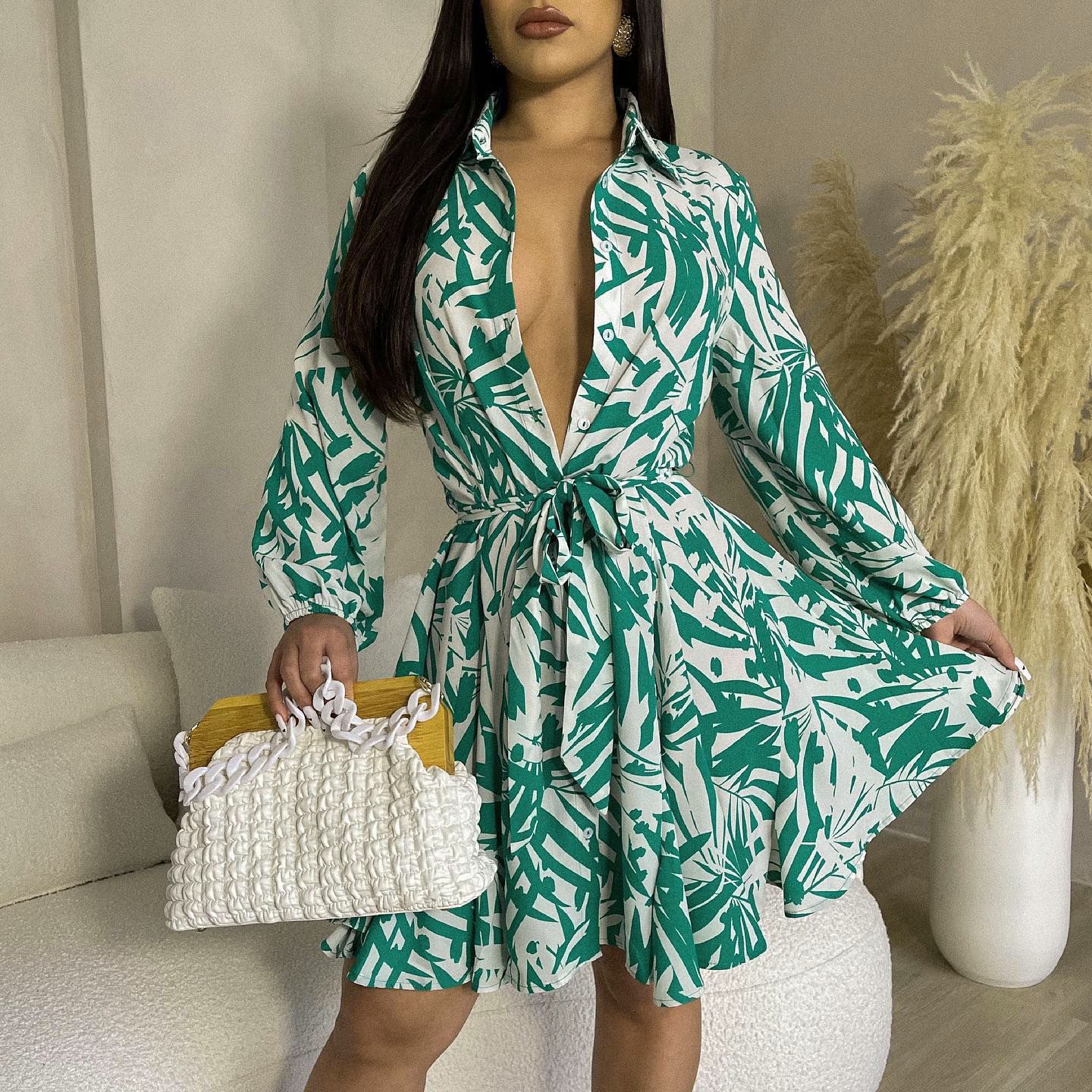 flowersverse Women's Fashion Print Turndown Collar Button Tie Shirt Dress