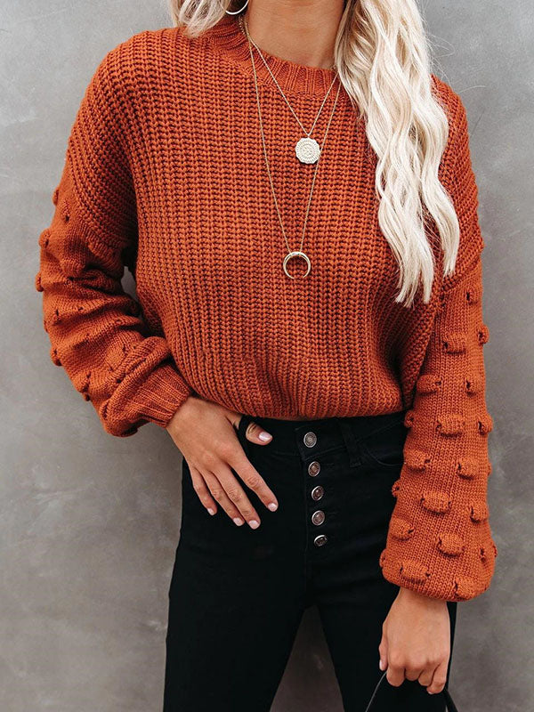flowersverse Trendy Tops Puff Sleeves Loose Solid Color Round-Neck Sweater Tops