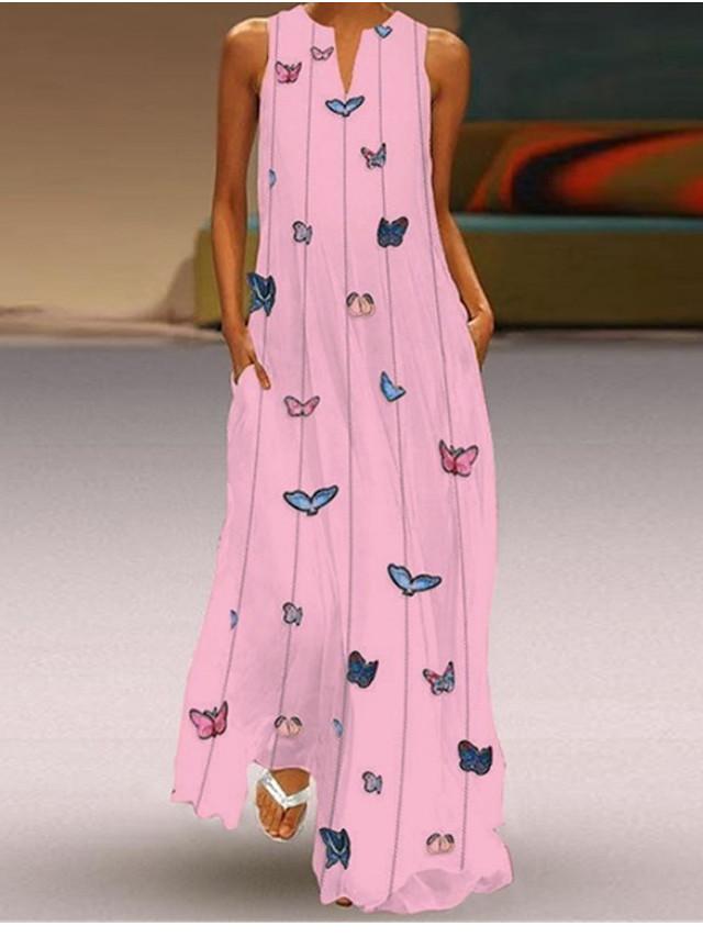 flowersverse Women's A-Line Dress Maxi Long Dress - Sleeveless Butterfly Animal Print Summer V Neck Hot Casual Holiday Beach Vacation Dresses White Yellow Blushing Pink Light Blue White Dresses