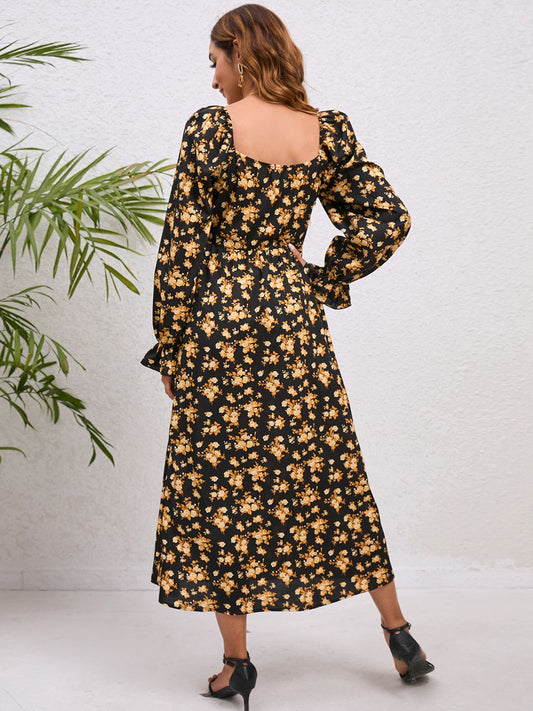 flowersverse Chic Floral Print Flounce Sleeve Slit Midi Dress