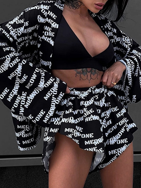 flowersverse Loose Printed Long Sleeves Tied Waist Robes + High-Waisted Short Bottom Robes Pajama Sets