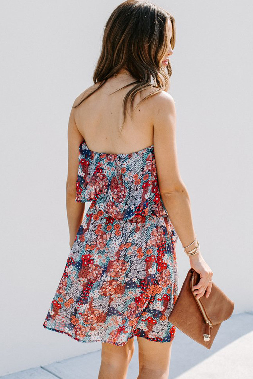 flowersverse Red Floral Print Tiered Ruffled Bandeau Mini Dress