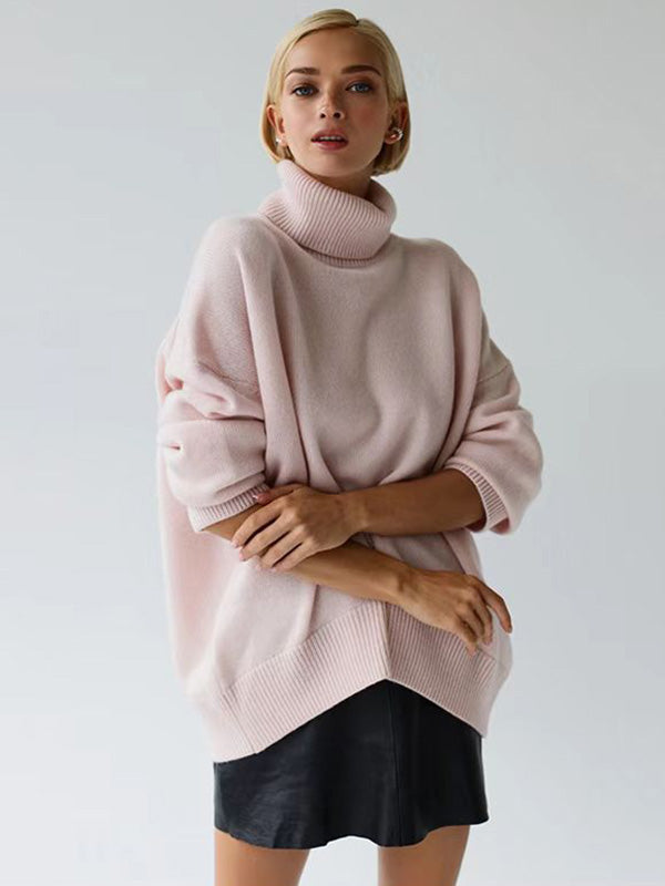 flowersverse Casual Long Sleeves Loose Solid Color High-Neck Sweater Tops