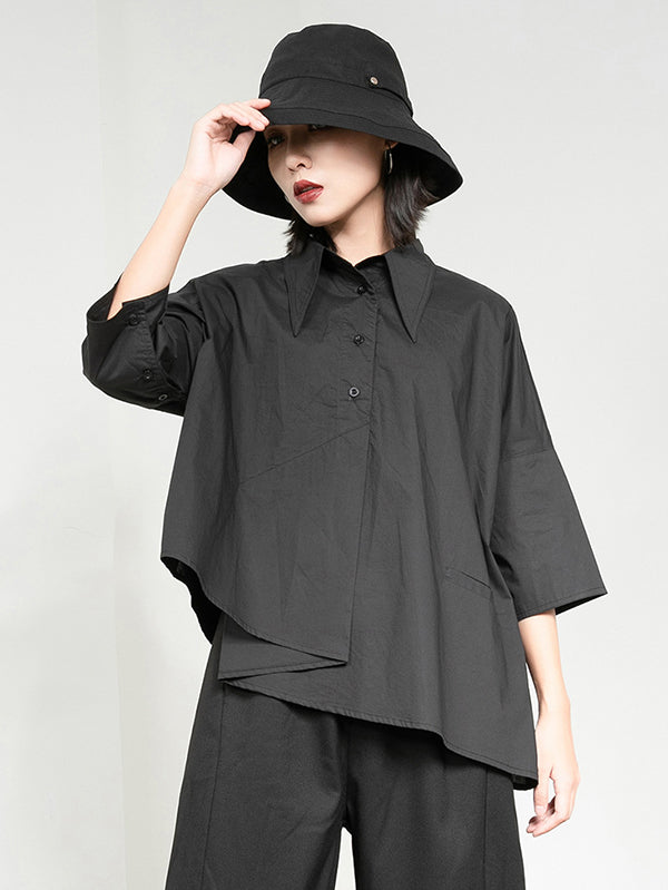 flowersverse Leisure Fashion Loose Irregularity Solid Color Polo Blouses&Shirts Tops
