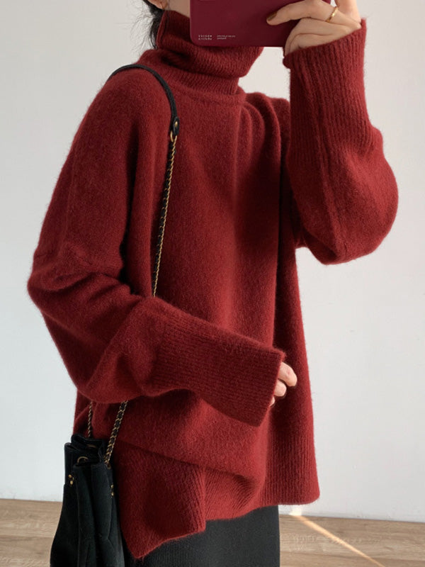 flowersverse Solid Color Split-Side Long Sleeves Loose High-Neck Sweater Tops Pullovers Knitwear
