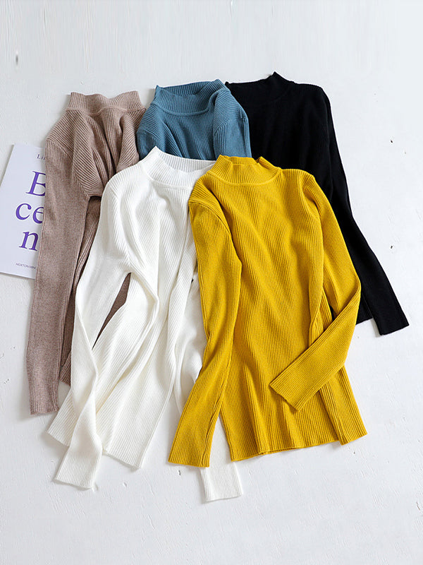 flowersverse Solid Color Split-Joint Long Sleeves Skinny High Neck Sweater Tops